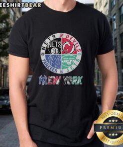Official New York Nets, Devils, Mets, Jets mashup logo T-shirt featuring vibrant designs for NYC sports fans.