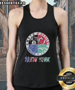 Mashup logo tank top featuring New York Nets, Devils, Mets, and Jets, perfect for sports fans and team pride.