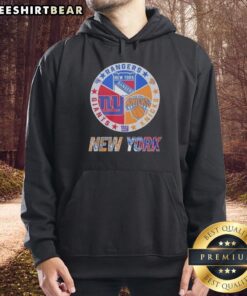 Alt Text: Official New York Rangers, Giants, Knicks mashup logo hoodie showcasing iconic team logos in vibrant design.