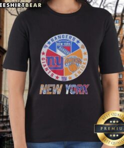 Official New York Rangers, Giants, and Knicks mashup logo on a women's tee, perfect for NYC sports fans.