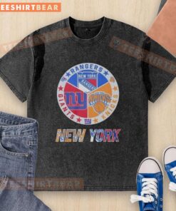Official New York Rangers, Giants, Knicks mashup logo on a washed t-shirt, perfect for sports fans.