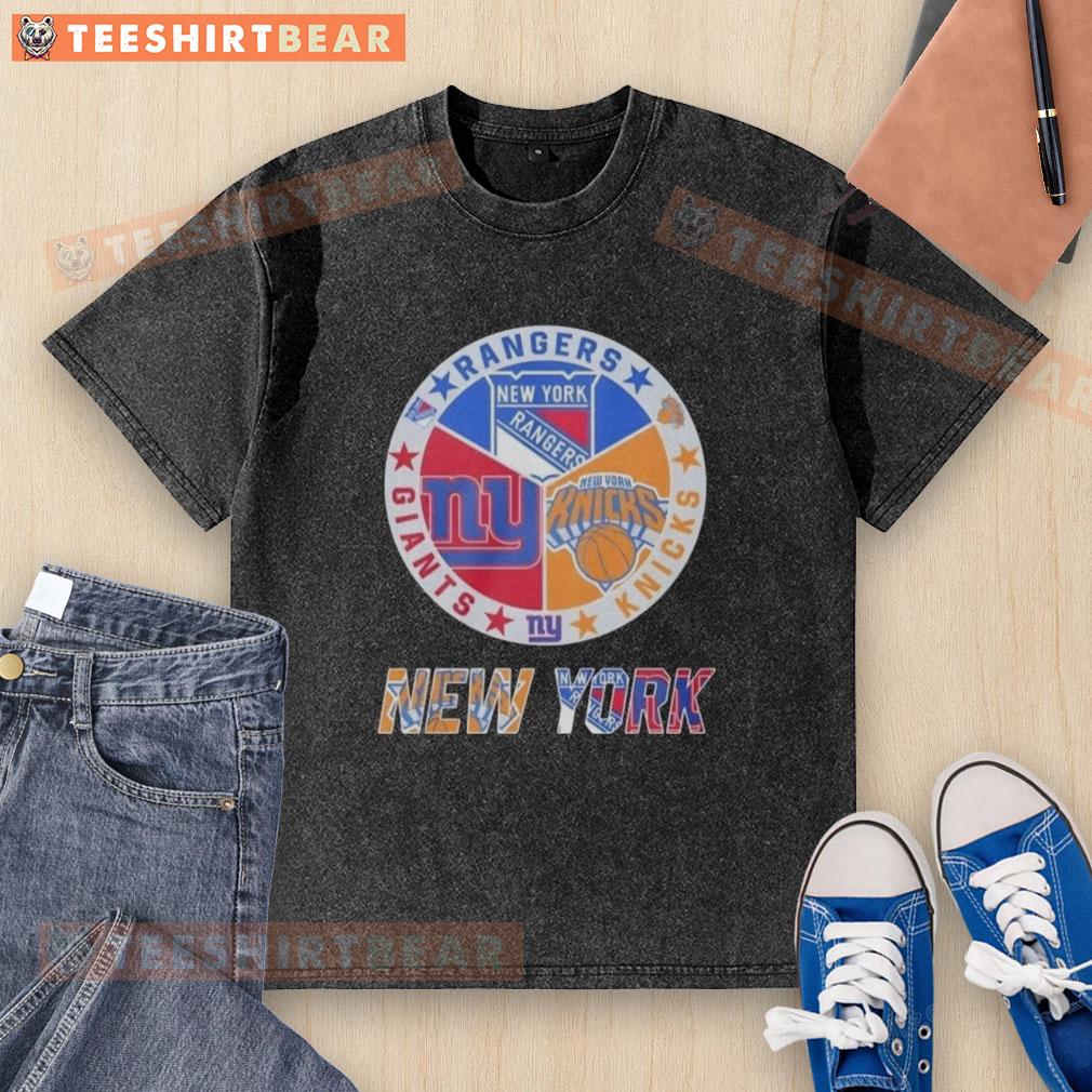 official-new-york-rangers-new-york-giants-new-york-knicks-mashup-logo-washed-t-shirt Official New York Rangers, Giants, Knicks mashup logo on a washed t-shirt, perfect for sports fans.