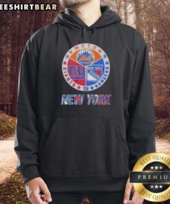 Alt Text: Stylish hoodie featuring a mashup logo of the New York Rangers, Mets, and Giants for sports fans.
