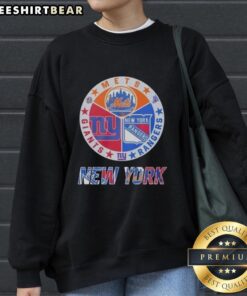 Official New York Rangers, Mets, Giants mashup logo sweatshirt showcasing team spirit and NYC pride.
