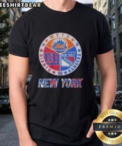 Official New York Rangers, Mets, and Giants mashup logo t-shirt featuring iconic team colors and designs.