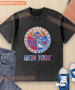Official New York Rangers, Mets, and Giants mashup logo on a washed t-shirt, perfect for sports fans.