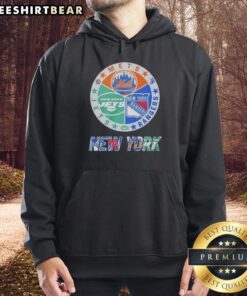 Alt Text: Official New York Rangers, Mets, Jets mashup logo hoodie featuring team colors and iconic logos for fans.