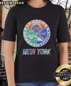 Official New York Rangers, Mets, and Jets mashup logo on a stylish ladies tee, perfect for NYC sports fans.