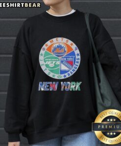 Official New York Rangers, Mets, and Jets mashup logo sweatshirt showcasing iconic NYC sports team logos.