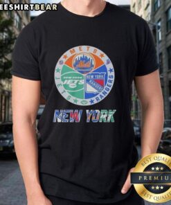 Alt Text: Official New York Rangers Mets Jets mashup logo T-Shirt featuring a unique design for sports fans.