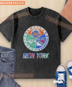 Alt Text: Official New York Rangers, Mets, Jets mashup logo on a washed t-shirt, perfect for NYC sports fans.