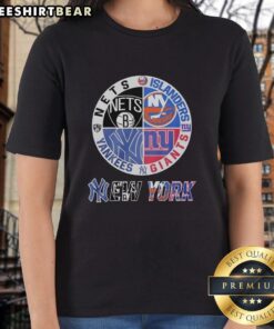 Alt Text: Official New York Yankees, Brooklyn Nets, Islanders, Giants mashup logo on stylish ladies' tee shirt.