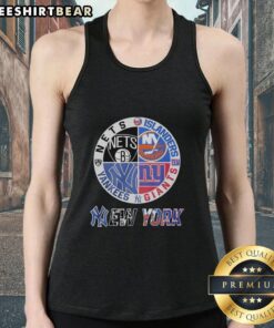 Official New York Yankees, Brooklyn Nets, Islanders, Giants mashup logo tank top showcasing NYC sports pride.