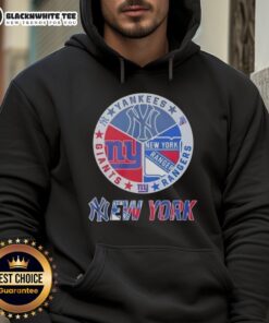 Official New York Yankees, Rangers, and Giants mashup logo hoodie showcasing iconic team branding and style.