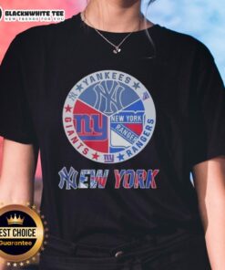 Official New York Yankees, Rangers, and Giants mashup logo on a stylish ladies tee shirt.