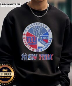 Official New York Yankees, Rangers, and Giants mashup logo sweatshirt featuring team colors and iconic designs.
