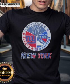 Official New York Yankees, Rangers, Giants mashup logo t-shirt featuring iconic team logos in a stylish design.