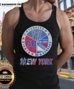 Official New York Yankees, Rangers, Giants mashup logo tank top featuring iconic sports team designs in vibrant colors.