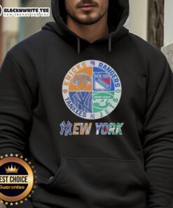 Alt Text: Official New York Yankees, Rangers, Jets, Knicks mashup logo hoodie showcasing iconic team logos and stylish design.