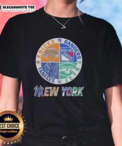 Alt Text: Official New York Yankees, Rangers, Jets, and Knicks mashup logo on ladies tee, perfect for NYC sports fans.