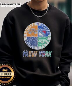 Alt Text: Official New York Yankees, Rangers, Jets, and Knicks mashup logo sweatshirt for sports fans.