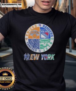 Official New York Yankees, Rangers, Jets, Knicks mashup logo t-shirt showcasing iconic NYC sports team logos.