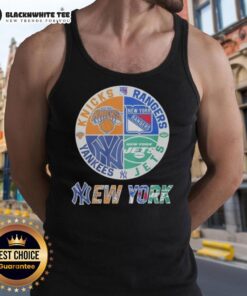 Official New York Yankees, Rangers, Jets, Knicks mashup logo tank top showcasing iconic NYC sports teams design.