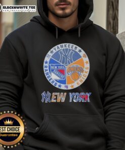 Official New York Yankees, Rangers, and Knicks mashup logo hoodie featuring iconic team logos and stylish design.