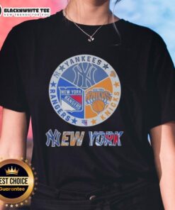 Official New York Yankees, Rangers, and Knicks mashup logo on a ladies tee, perfect for sports fans.
