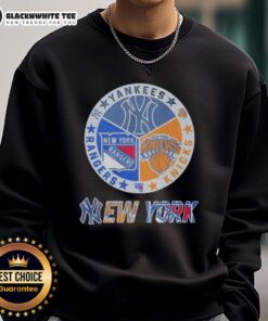 Official New York Yankees, Rangers, and Knicks mashup logo sweatshirt showcasing iconic team logos in a stylish design.