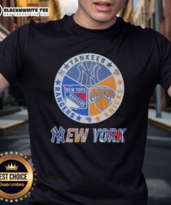 Official New York Yankees, Rangers, Knicks mashup logo T-shirt featuring iconic sports team designs and colors.