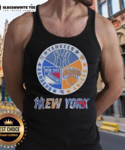 Official New York Yankees, Rangers, and Knicks mashup logo tank top featuring iconic team colors and designs.