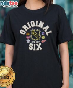 Official NHL Original Six Crest Hockey Ladies Tee featuring team logos and stylish design for female fans.