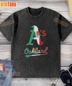 Official Oakland Athletics Baseball X Mexican Flag Washed T-Shirt featuring team logo and vibrant flag design.
