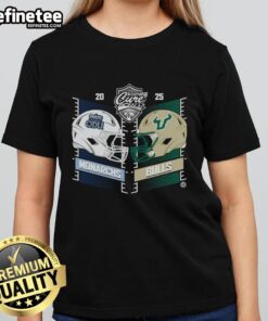 Alt Text: Official Old Dominion vs South Florida 2025 Cure Bowl Heat to Heat helmet on ladies tee shirt design.