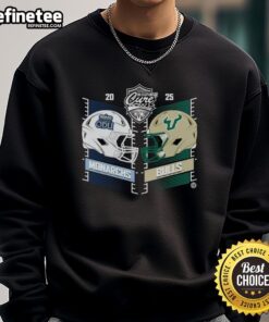 Alt Text: Official Old Dominion vs South Florida 2025 Cure Bowl Heat To Heat helmet sweatshirt featuring team logos.