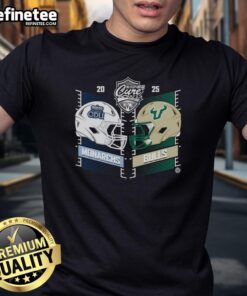 Old Dominion vs. South Florida 2025 Cure Bowl Heat To Heat helmet T-shirt featuring team logos and vibrant colors.