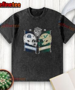 Official Old Dominion vs. South Florida 2025 Cure Bowl Heat To Heat Helmet Washed T-Shirt, featuring team colors and logos.