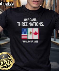 Official One Game Three Nations World Cup 2026 T-Shirt showcasing vibrant design and national team logos for fans.
