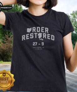 Ohio State Buckeyes beat Michigan Wolverines in Ann Arbor MI - Official Order Restored Ladies Tee celebrating the victory.