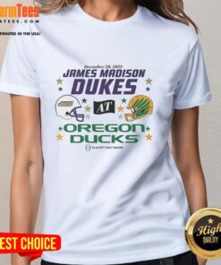 Official Oregon Ducks vs James Madison Dukes 2025 CFP First Round Matchup helmet on a ladies tee shirt.
