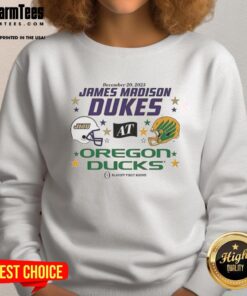 Official Oregon Ducks vs James Madison Dukes 2025 CFP First Round Matchup Helmet Sweatshirt featuring team logos.