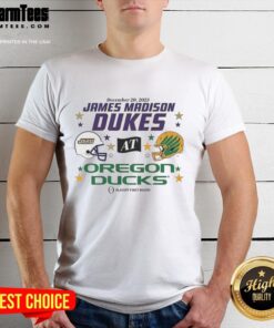 Official Oregon Ducks vs James Madison Dukes 2025 CFP First Round Matchup Helmet T-Shirt featuring team logos and vibrant design.