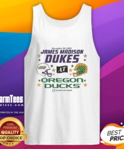 Alt Text: Oregon Ducks vs James Madison Dukes 2025 CFP First Round Matchup helmet tank top design showcasing team logos.