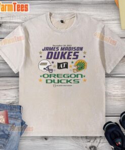 Official Oregon Ducks vs James Madison Dukes 2025 CFP First Round Matchup helmet on a washed t-shirt design.