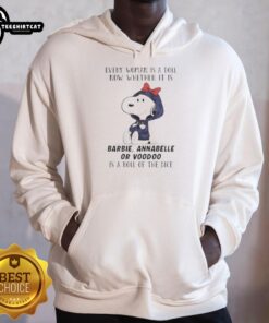 Official Peanuts hoodie featuring dolls like Barbie, Annabelle, and Voodoo with a playful dice design.