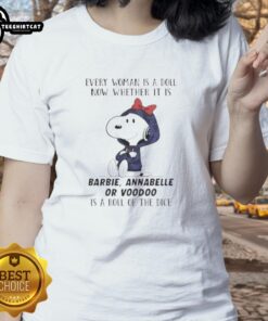 Official Peanuts tee featuring dolls like Barbie and Annabelle, perfect for women who embrace fun and unique styles.