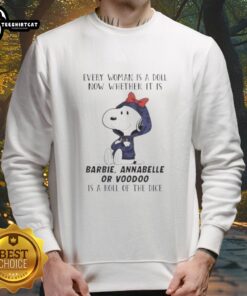 Official Peanuts sweatshirt featuring dolls like Barbie, Annabelle, and Voodoo, perfect for casual wear.