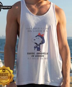 Official Peanuts tank top featuring 'Every Woman Is A Doll' design with Barbie, Annabelle, and Voodoo themes.