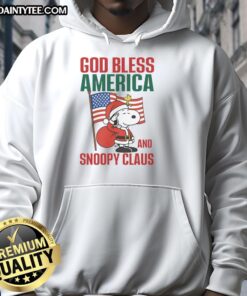 Official Peanuts God Bless America and Snoopy Claus Hoodie featuring festive designs for holiday cheer.